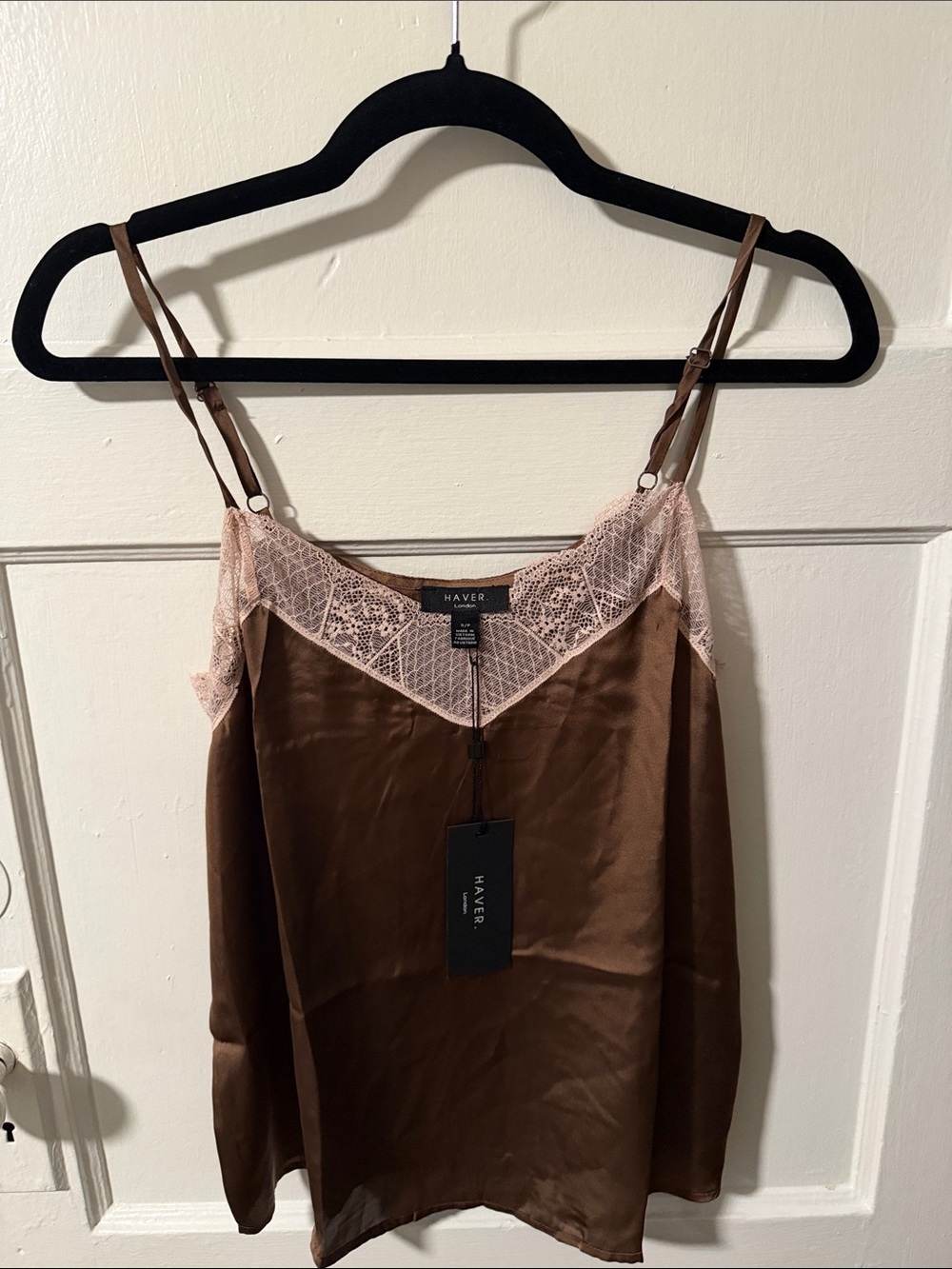 NWT Haver Silky Brown Pink Lace Trim Camisole Coquette Chemise Y2K Size Small